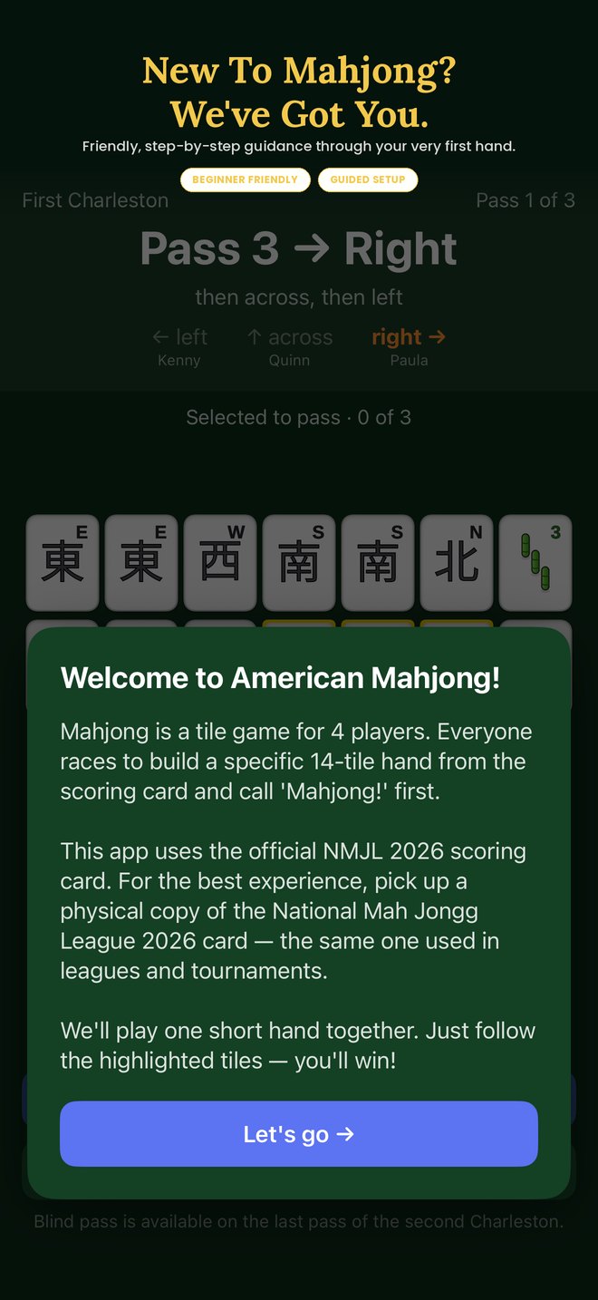 Guided tutorial welcoming a new player to American Mahjong